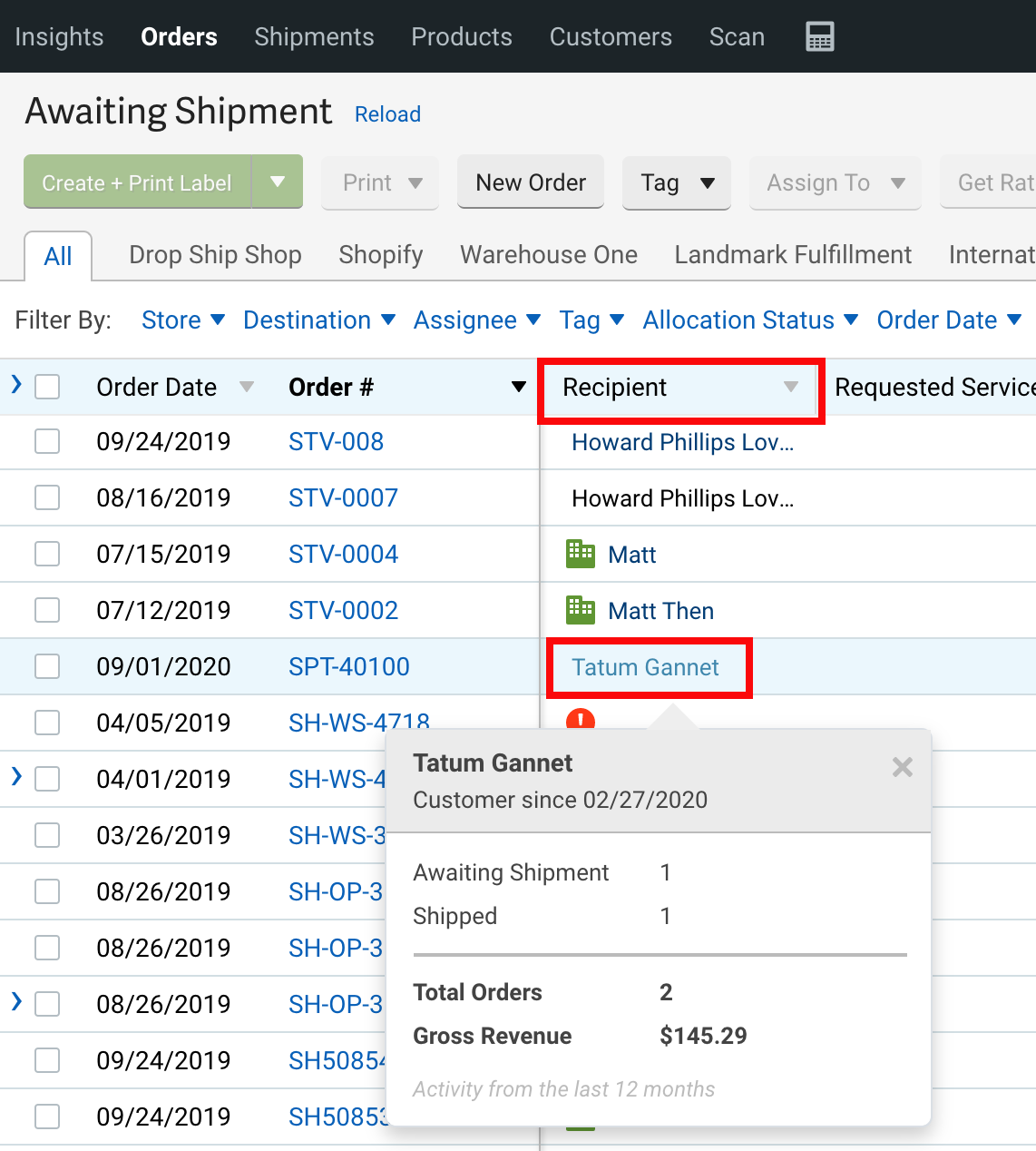 Customer history pop-up on Orders tab. Red boxes show Recipient column & customer name.