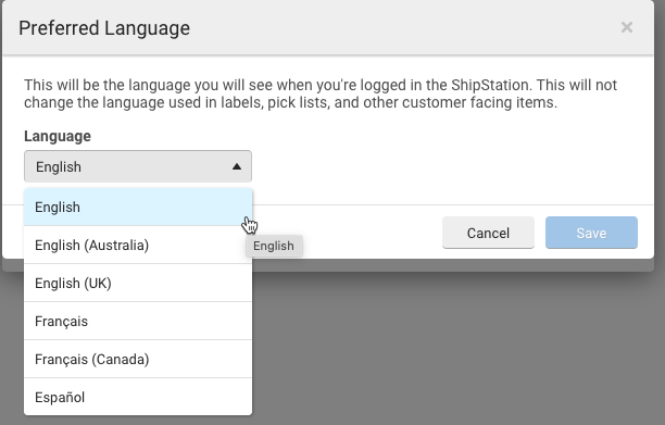 Language drop-down menu displaying available language options
