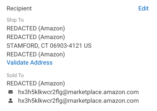 Abschnitt „Order Details Recipient“ (Auftragsdetails – Empfänger) mit gemäß Amazon-Richtlinie geschwärzten Kundeninformationen