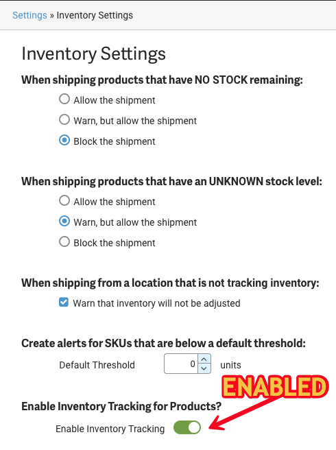 Arrow points to Enabled status for Product Inventory Tracking