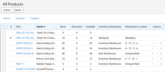 Product grid with Inventory columns displayed.