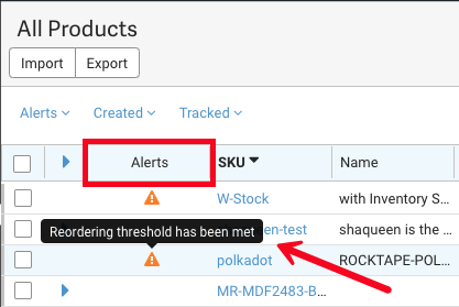 Product Inventory Alerts column highlighted with arrow pointed to Yellow icon.