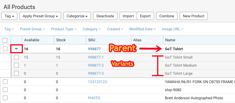 Annotated Product grid displaying the parent product with variants listed underneath.