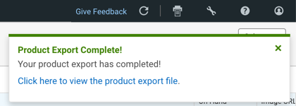 Product Export Complete pop-up notification, with Export file link at bottom.