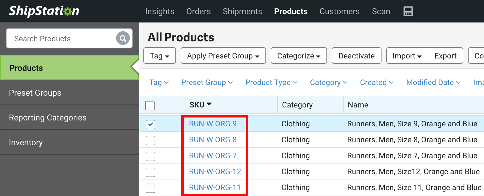 Products grid. Red box around SKUs in SKU column to show hyperlinks to Product Details