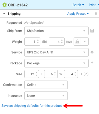 Configure Shipment Widget. Red arrow points to Save as shipping defaults for this product link