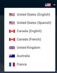 Country flag icon in Help Center with drop-down menu of different country options.