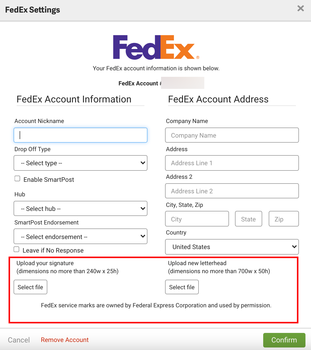 FedEx-Einstellungspop-up mit hervorgehobenen Abschnitten „Unterschrift hochladen“ und „Briefkopf hochladen“