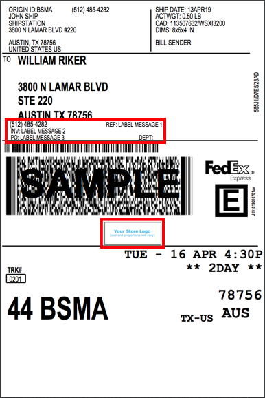 FedEx sample label Logo and Message area highlighted.
