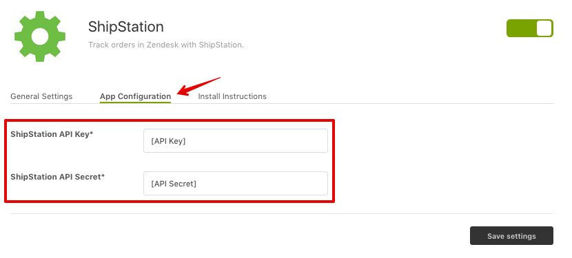 Zendesk App Configuration tab with API fields highlighted.