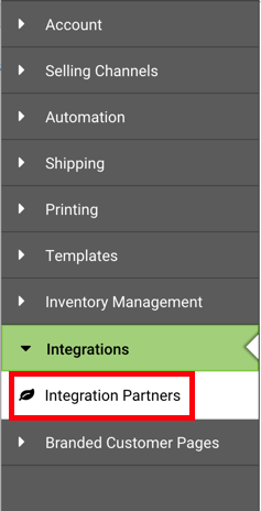 Einstellungen-Seitenleiste: Dropdown-Menü „Integrationen“. Das rote Kästchen markiert die Option „Integrationspartner“.