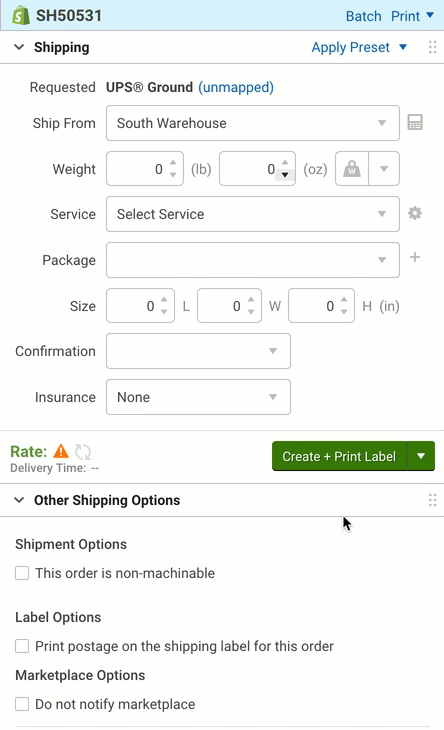 Demo that sets shipment service, package, weight, and package dimensions in the Shipping Sidebar