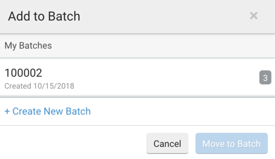 Add to Batch popup. Lists Batch number or name, creation date, and count of orders in that batch. Create New Batch button @ bottom.