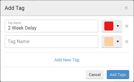 Add Tag pop-up. Shows name field, select a color dropdown, add New Tag link, and Add Tags action button.