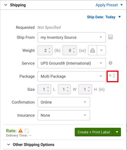 Configure Shipment Widget. At right of Package dropdown that reads, "Multi Package", Red box highlights Plus 2, for two packages in Order
