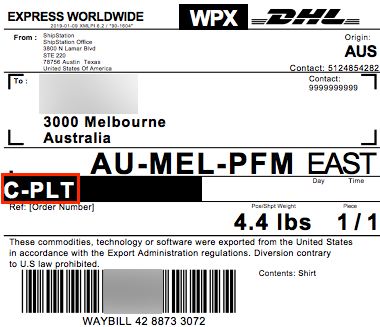 Etikett für DHL Express, auf dem C-PLT zur Übermittlung per „Elektronischem Zollhandel“ hervorgehoben ist.