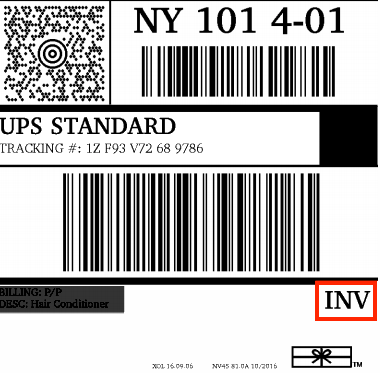 UPS sample label with INV highlighted.