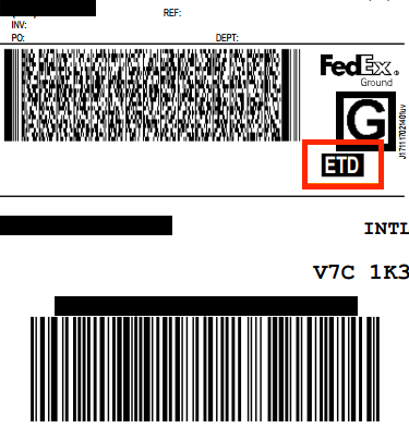 FedEx Ground-Etikett, hebt ETD zur Übermittlung „Elektronischer Handelsdokumente“ hervor