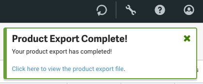Pop-up-Benachrichtigung zum vollständigen Export des Produkts, mit dem Link zum Exportieren der Datei unten.