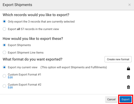 Export Shipments popup. Red box highlights Export action button at bottom right.