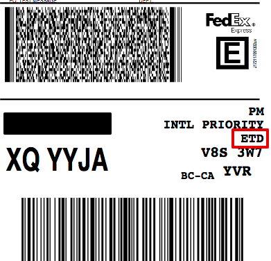 Etikett für FedEx International mit der Kennzeichnung „ETD“, was für die Kennzeichnung als elektronisches Handelsdokument (Electronic Trade Documents) steht.