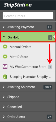 Orders tab. ​On Hold​​ dropdown in the left-hand sidebar. Arrow points to count of On Hold orders & store