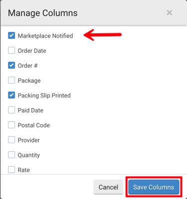 V3 manage columns menu arrow pointed Marketplace Notified and Save Columns highlighted.