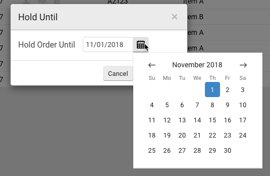 Zeigt das Datum und das Jahr des Ein-Monats-Kalenders aus dem Pop-up-Fenster „Hold bis“ an. Ausgewähltes Datum hervorgehoben. Pfeile zum zeitlichen Vorwärts- und Rückwärtsbewegen