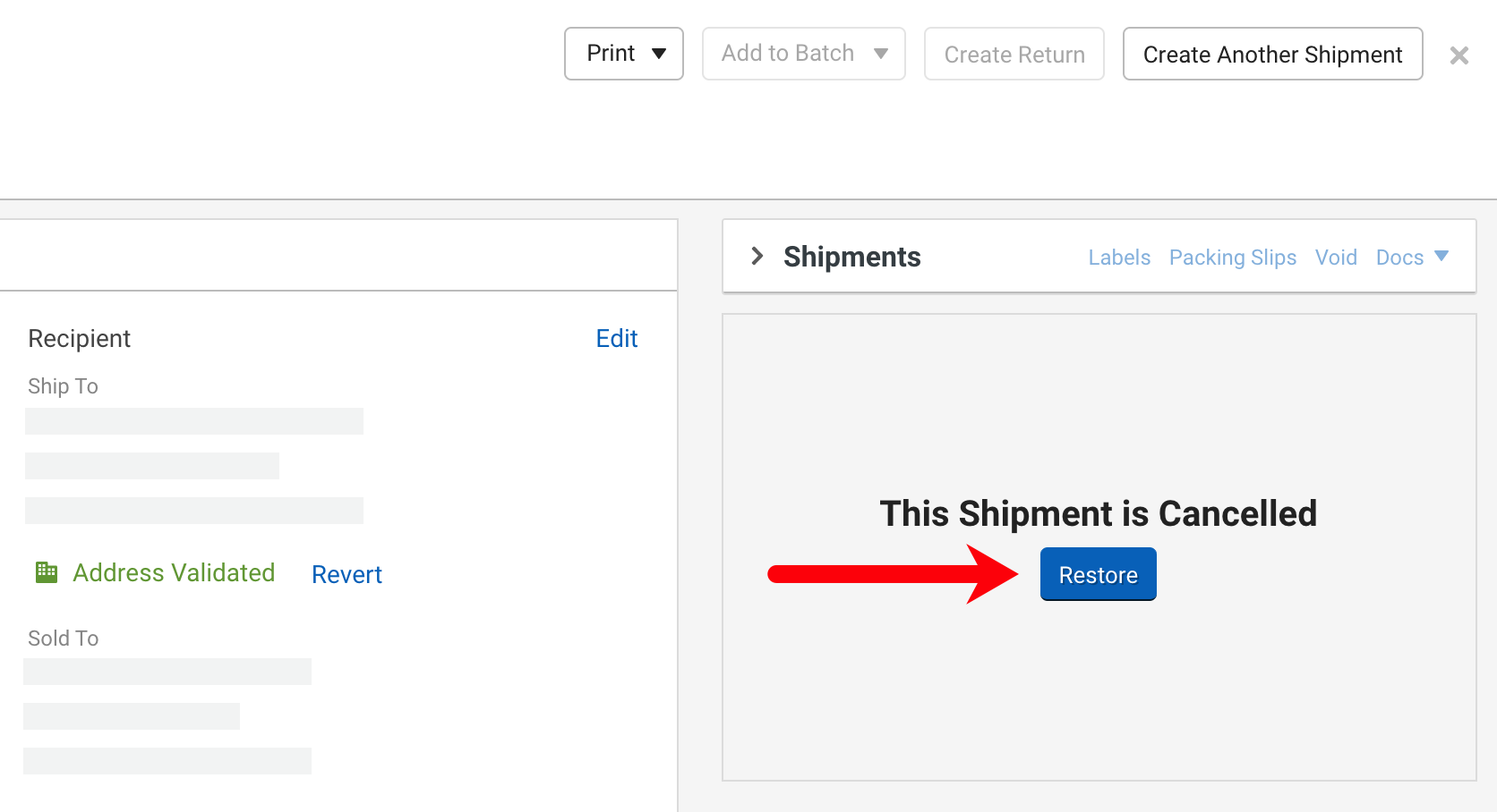 Canceled Order Details popup. In Shipping section, red arrow points to Restore button.