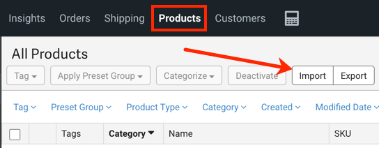 V3 Product tab highlighted with arrow pointing to Import button.