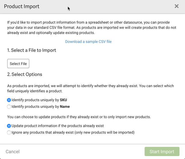 Pop-up für den Produktimport. 1: Wählen Sie die Schaltfläche „Datei“ aus. 2: Optionsfelder: ID-Produkte nach SKU oder Name. Wählen Sie, ob Produkte aktualisiert oder nur importiert werden sollen.