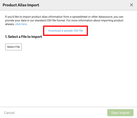 Popup-Fenster für den Import von Produkt-Aliasnamen. Das rote Feld hebt den Link zum Herunterladen einer Beispiel-CSV-Datei hervor.