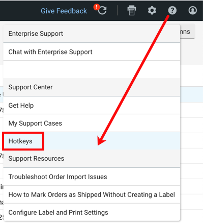 Dropdown menu for Support (question mark icon). Red box highlights Hotkeys option.