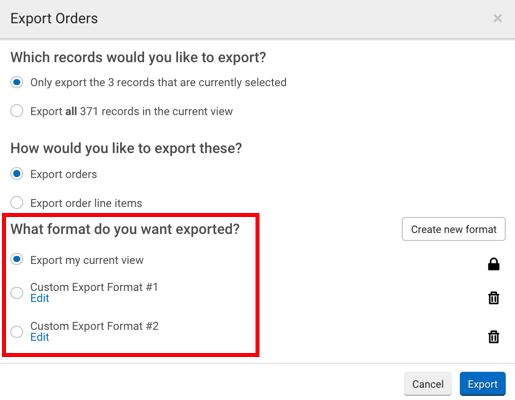 Pop-up-Fenster „Auftrag exportieren“. Der rote Kasten hebt die Optionsfelder für „Welches Format soll exportiert werden?“ hervor