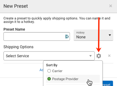 New Preset pop-up. Arrow points to the Shipping Options settings that opens the Sort by menu.