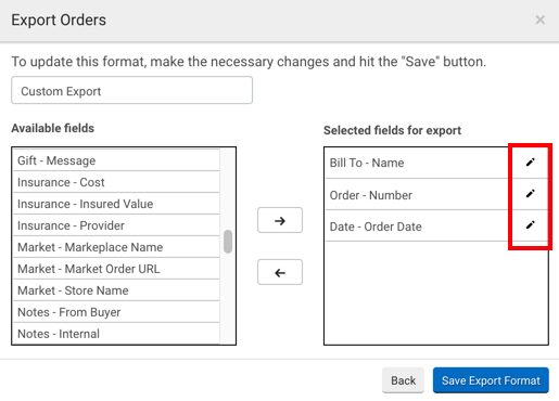 Export Orders popup. Box highlights Edit buttons beside selections in Fields to Export column.
