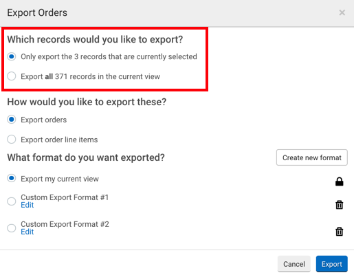 Pop-up-Fenster „Aufträge exportieren“. Der rote Kasten hebt das Optionsfeld für „Welche Datensätze möchten Sie importieren?“ hervor