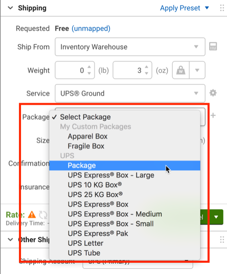 V3 shipping sidebar with a red box highlighting the Package drop-down menu.
