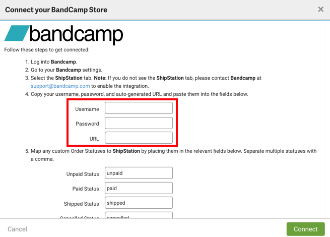 Connect Bandcamp Store pop-up form with credential fields highlighted