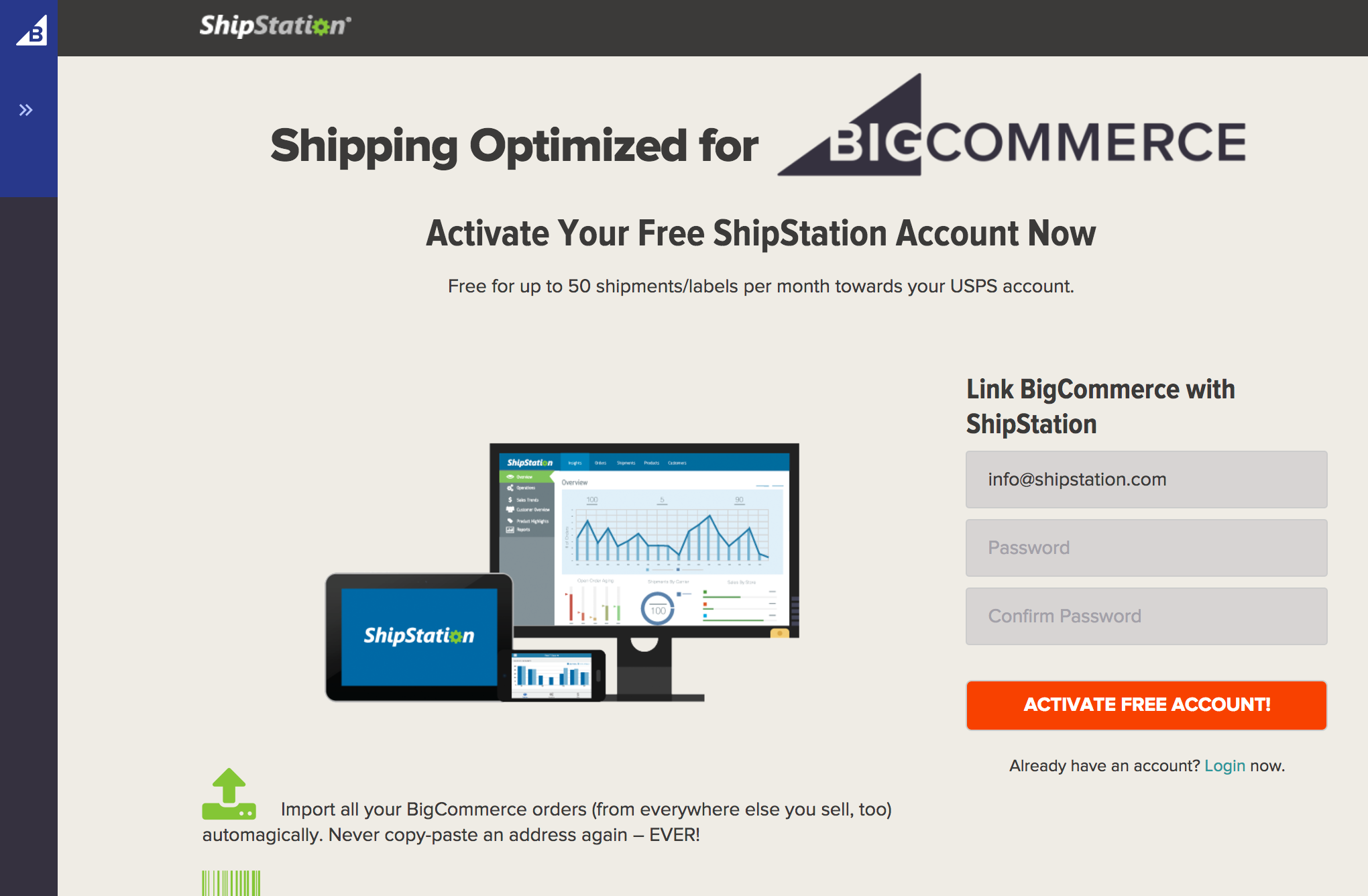 Login-Seite für ShipStation in BigCommerce geöffnet