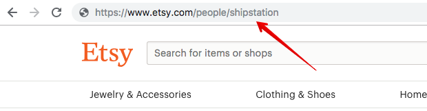 Image: Etsy website with arrow pointing to username in the URL.