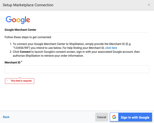 Image: Setup Connection popup for Google store. Merchant ID field is required.