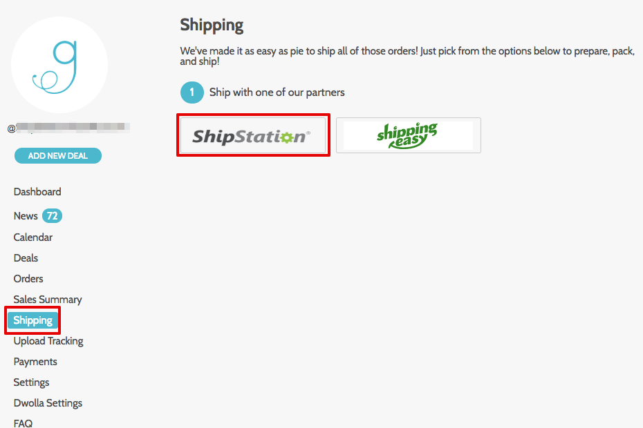 Image: Groopdealz dashboard with Shipping menu & ShipStation logo highlighted.