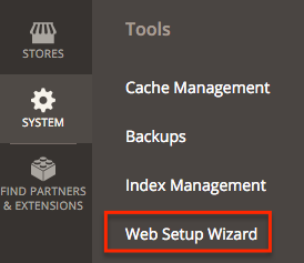 Magento v2-Systemmenü mit markierter Option des Web Setup Wizard.