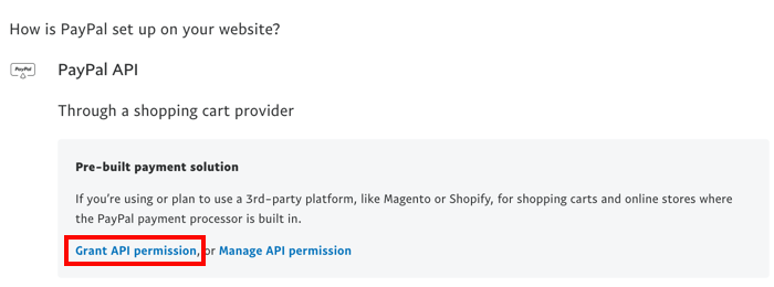 PayPal API mit hervorgehobenem Link zur API-Genehmigung.