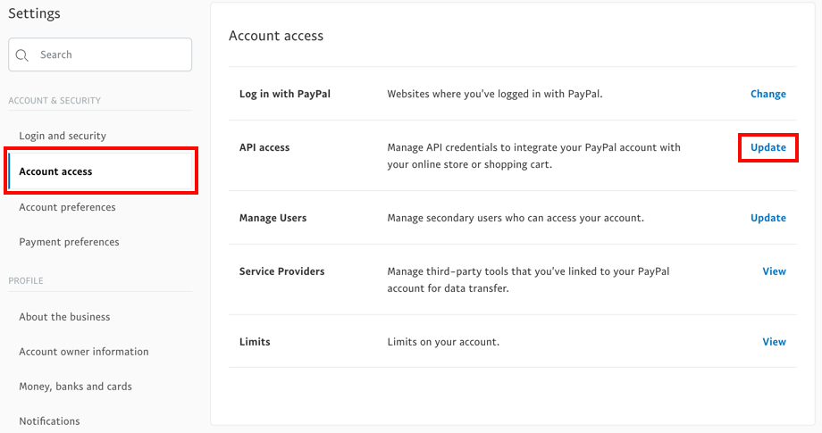 PayPal Settings with Account Access and API Access update link highlighted.