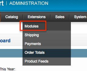 Opencart extensions menu with Module option highlighted.
