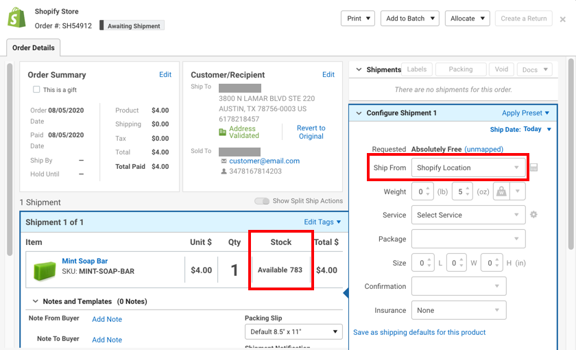 Order Details for Shopify Order with Ship From and Inventory column highlighted.