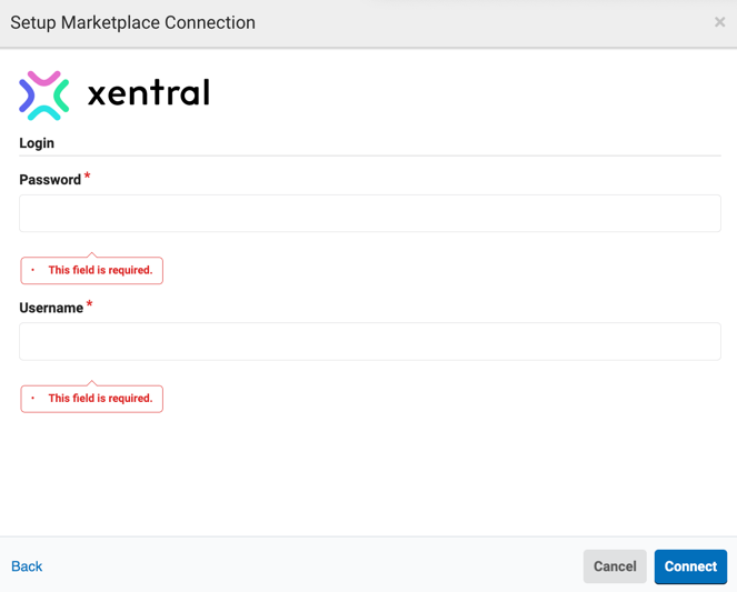 Xentral-Verbindungsbildschirm, zeigt Felder für Passwort und Benutzername.