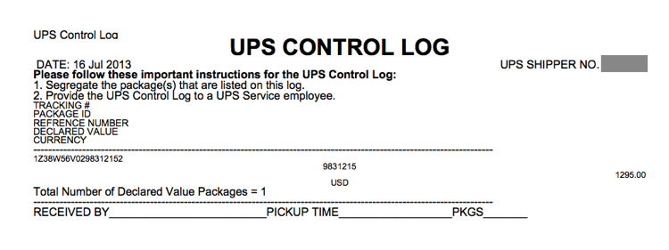 Beispiel für einen UPS High-Value-Report „Kontrollprotokoll“.